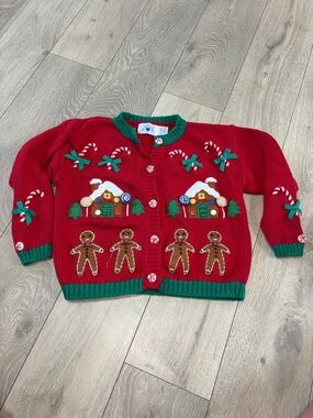 Hartstrings Red Knit Holiday Cardigan with Green Trim